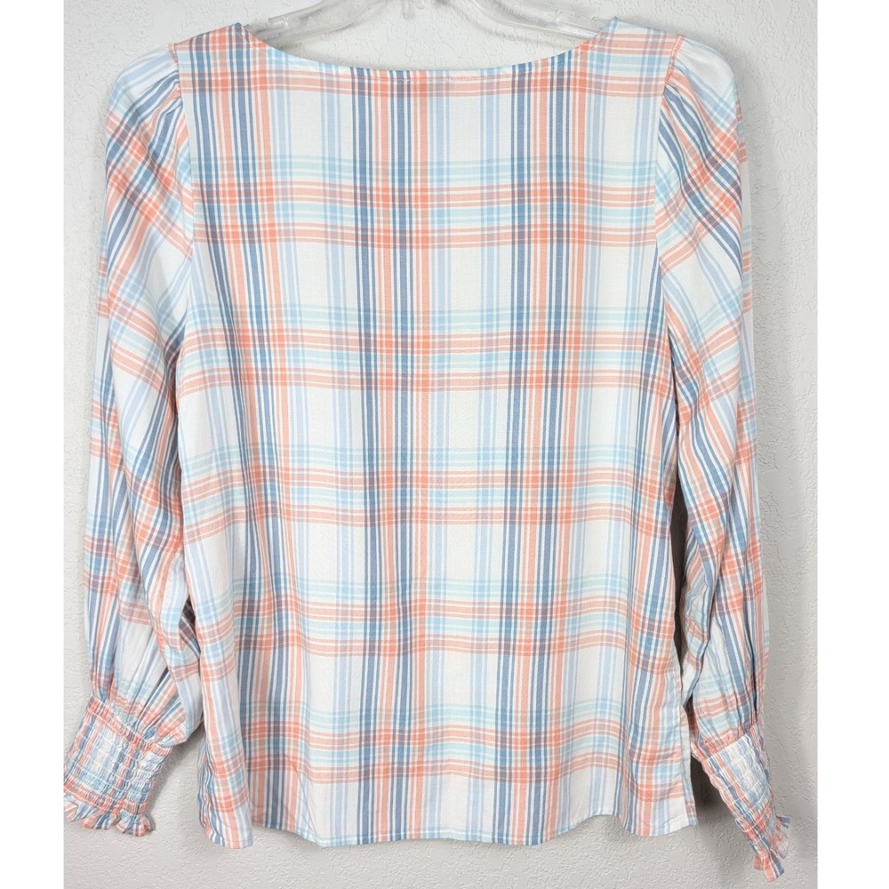 Ann Taylor Blouse Women Medium White Blue Orange Plaid Smocked Long Sleeve - Picture 3 of 8